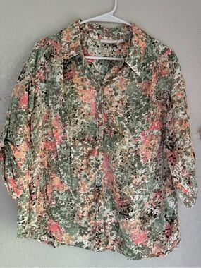 St. John's Bay Floral Button Down Shirt Blouse Women Plus 1X Pink Green